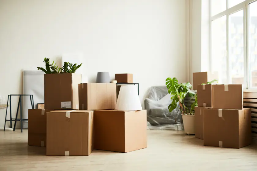Labelled moving cartons stacked in the living room of a Dubai house